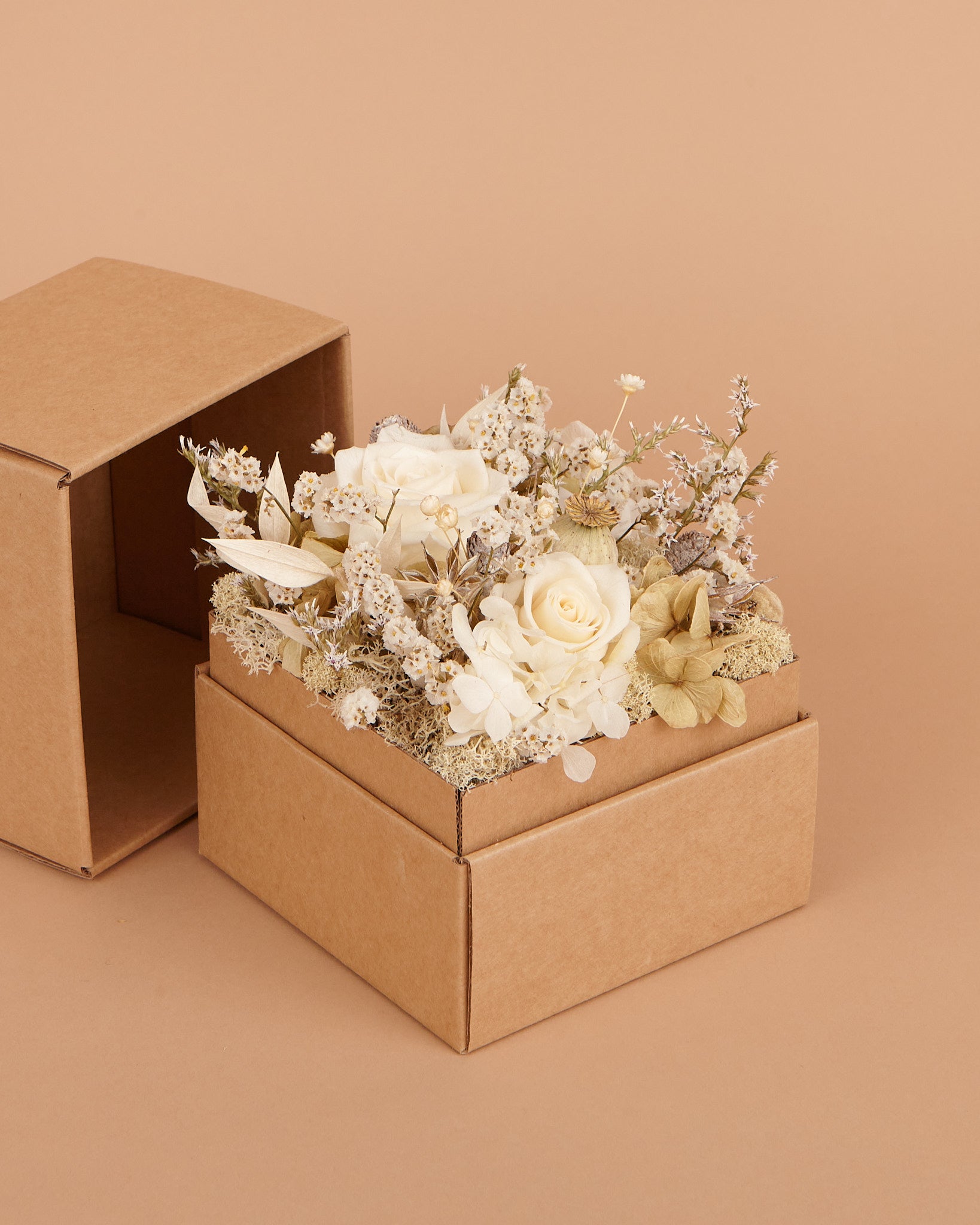 Quadro Fiorito in appoggio con coperchio della scatola visibile e fiori di colore bianco